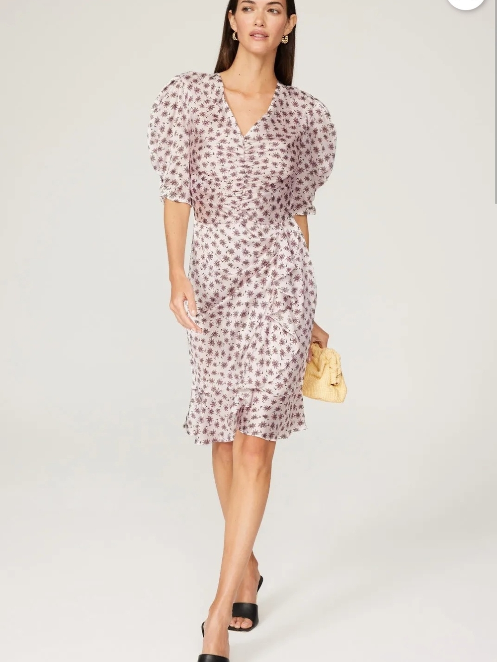 Maje Ralitina Floral Satin Ruched Midi Dress FR 40 US 8 $415